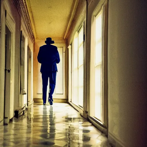 Image similar to Invisible man in coat and hat and shoes walking in an old house with a small corridor, digital artstyle drawn, trending on fiverr, 40nm lens, shallow depth of field,