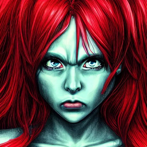 Prompt: portrait red haired anime girl as the incredible hulk, detailed drawing, big eyes, symmetrical face, female, wayne barlow, max pennington