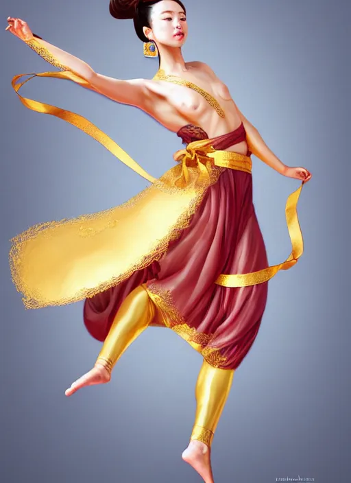 Prompt: full body portrait of a dancer throwing silk belts, feet, barefoot, full body, slightly tanned, vivacious, extremely beautiful, gold jewelry, hanfu, chinese ribbon dance, wide ribbons, silk belt, ming dynasty, detailed, realistic face, anatomically accurate, fantasy illustration, dnd, artstation, wlop.