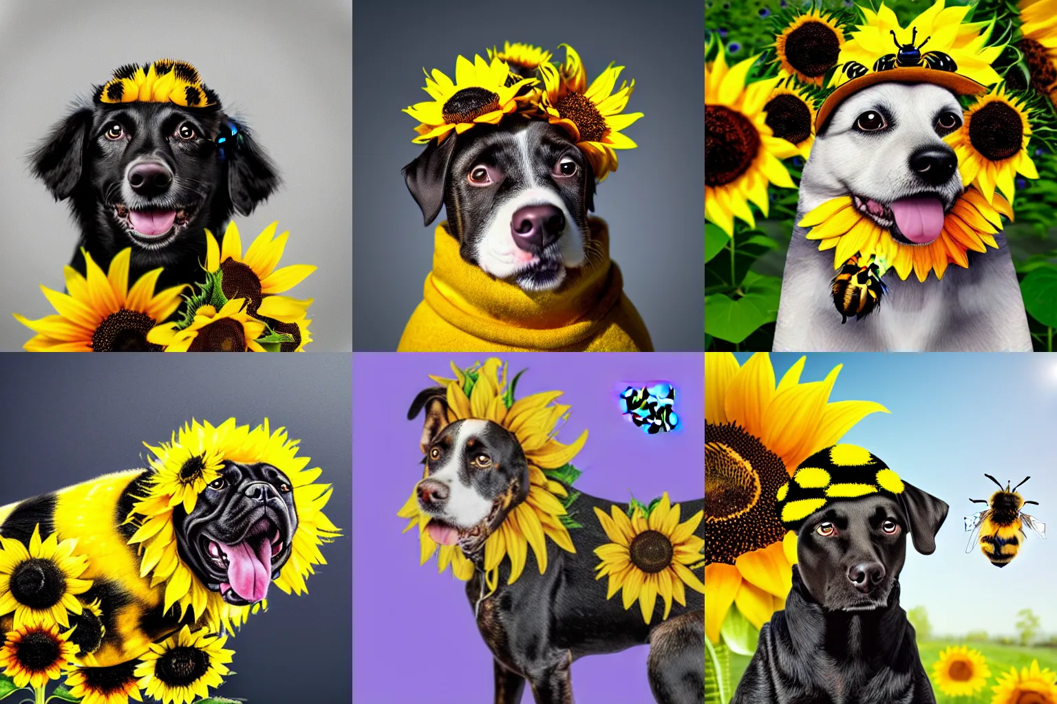 Prompt: dog with a bumblebee coat wearing a sunflower covered in bumblebees as a hat, photo realistic, colorful lighting, realistic shadows