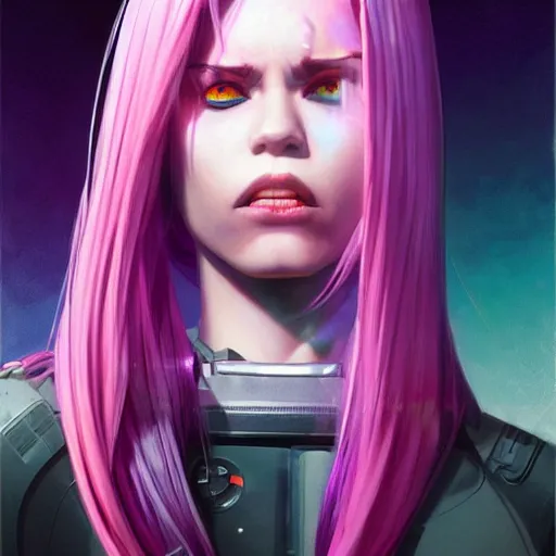 Prompt: cyborg girl with fangs, purple and pink hair, realistic shaded lighting poster by ilya kuvshinov katsuhiro otomo, magali villeneuve, artgerm, jeremy lipkin and michael garmash and rob rey