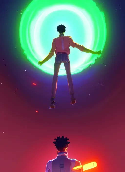 Prompt: engineer stepping through glowing portal, handsome black man, full body cinematic | hyperrealistic digital painting by makoto shinkai, ilya kuvshinov, lois van baarle, rossdraws | afrofuturism in the style of hearthstone and overwatch, trending on artstation | green highlights and complimentary colors