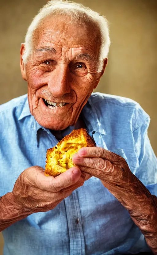 Prompt: amazing beautiful photo of an old man enjoying a delicious mean. vibrant in colors, very funny, personal, positive, visually pleasing and have a human element and a sense of community. high resolution. high quality. hq hd.