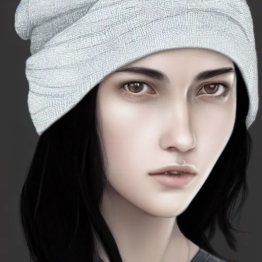 Image similar to a black haired girl wearing a beanie, digital art, 8 k resolution, unreal engine, highly detailed, pretty face, very beautiful face, very detailed eyes, photorealistic by wlop, greg rutkowski