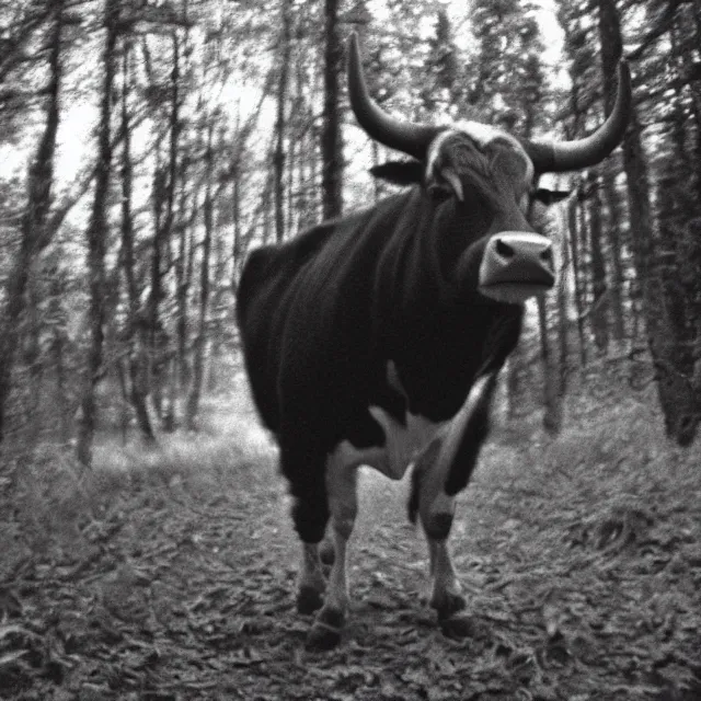 Prompt: trail cam infrared footage grainy VHS of smiling grinning wide-eyed cow-man