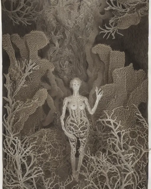 Image similar to a coral reef, made of intricate decorative lace leaf skeleton, in the style of the dutch masters and gregory crewdson, dark and moody