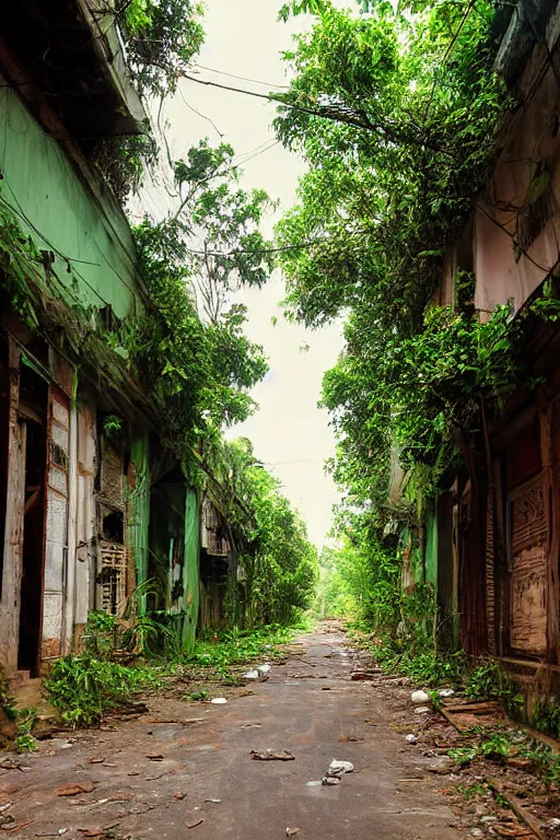 Prompt: abandoned sri lankan city street alley, overgrown greenery, photograph