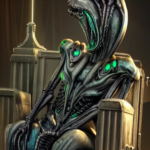 Prompt: a realistic sanke from metal gear dressing necromancer clothes sited in a xenomorphic throne with glow neon eyes, finely detailed, 4 k, photorealistic, cycles engine,