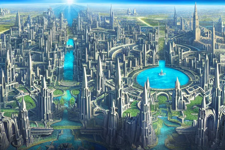 Image similar to a beautiful complex insanely detailed matte painting of the alien city of Atlantis with blue steel towers and an enormous palace cathedral by Heironymous Bosch, aerial view