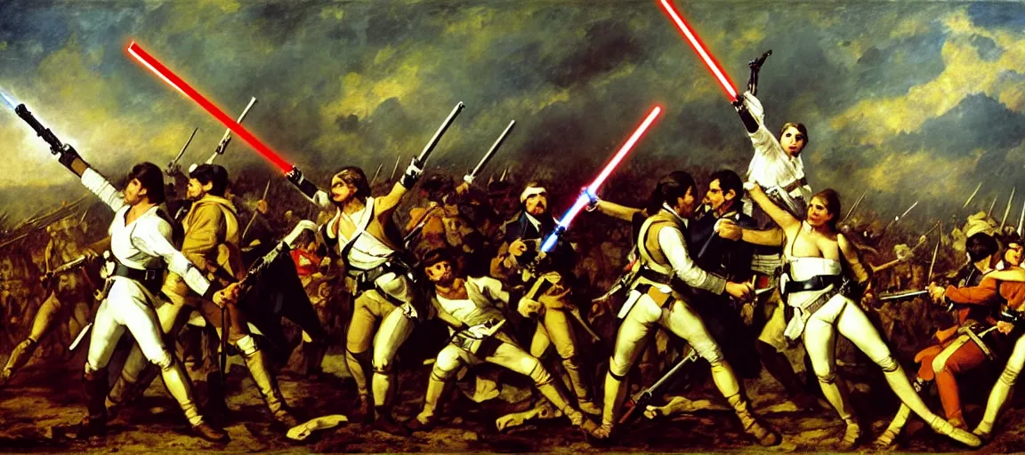 Prompt: liberty leading the people, french revolution, french flag, eugene delacroix, jedi, lightsaber, ewoks, at - st, tie - fighter, endor forest, oil on canvas