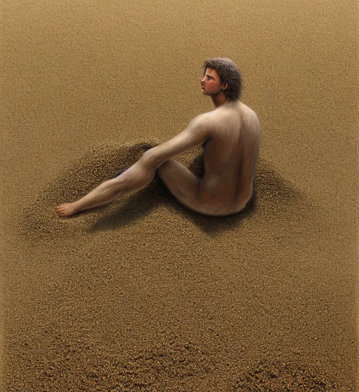 Prompt: a person sitting in a pile of sand, a detailed matte painting by brad kunkle, cg society contest winner, analytical art, fractalism, wiccan, behance hd