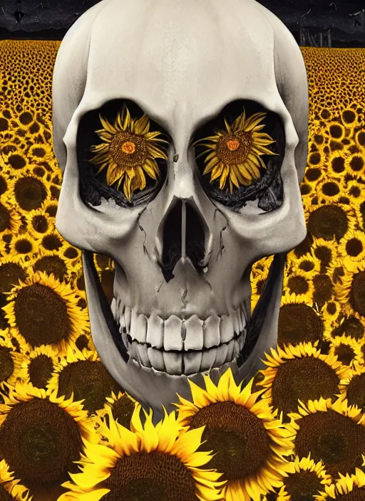 Image similar to sunflower skull head, spooky halloween theme, creepy, cinematic, dramatic, super detailed and intricate, 4 k render, by koson ohara, by darwyn cooke, by satoshi kon
