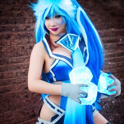 Image similar to photograph of a girl cosplaying Crystal Maiden from Dota 2, HD, award winning photography, uploaded on Facebook, highly detailed