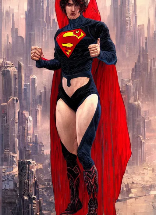 Prompt: portrait of crossfit superman!, futuristic detailed ornate cyberpunk costume!, red and black costume!!!, pale skin!, no logo!!!, painted art by tsuyoshi nagano, greg rutkowski, artgerm, alphonse mucha, spike painting