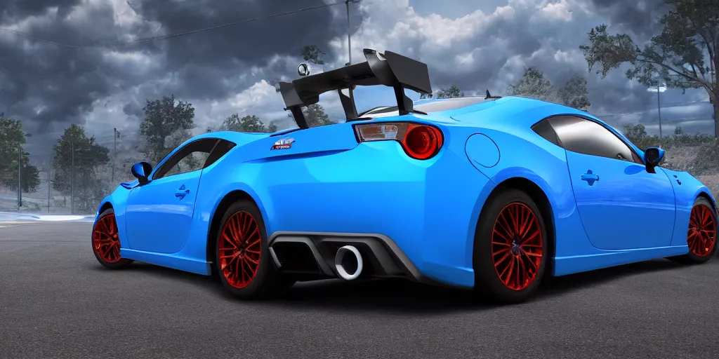 Prompt: blue brz with red brake calipers video game art, unreal engine, high - definition, 8 k, glowy lighting