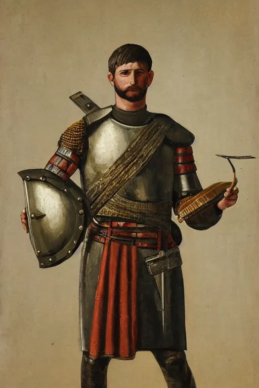 Prompt: realistic painting of a roman soldier wearing lorica segmentata, holding semi-cylindrical *scutum* shield