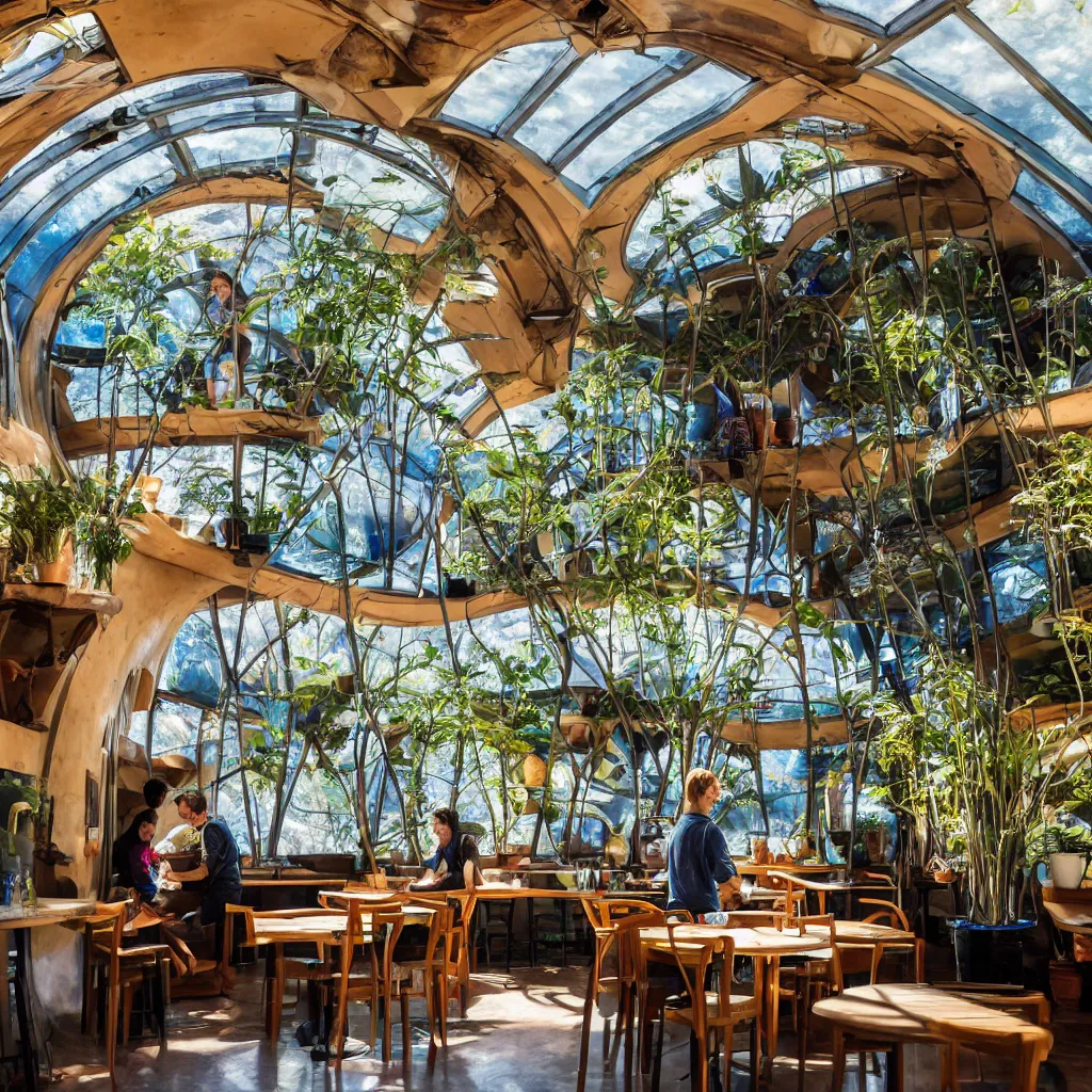 Image similar to inside luxurious earthship cafe with sunken lounge and indoor garden with skylights, friendly barista, and artist painting an alex grey mural on the wall, clean and simple composition, golden ratio, rule of thirds, XF IQ4, 150MP, 50mm, F1.4, ISO 200, 1/160s, dawn