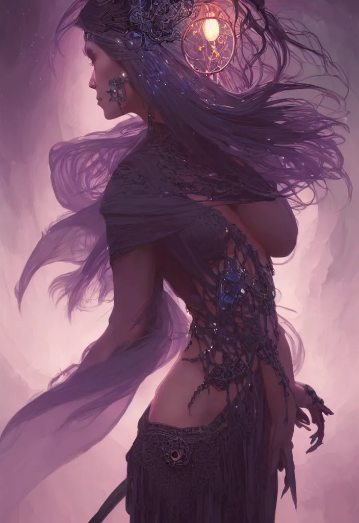 Image similar to Necromancer Sorceress body, fantasy magic, undercut hairstyle, dark light night, intricate, elegant, sharp focus, illustration, highly detailed, digital painting, concept art, matte, art by WLOP and Artgerm and Greg Rutkowski and Alphonse Mucha, masterpiece