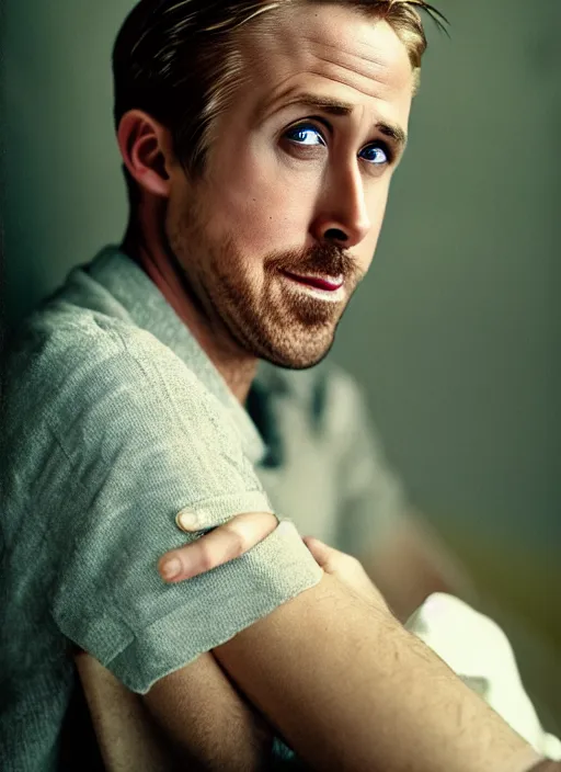 Image similar to ryan gosling fused with a goose neck, natural light, bloom, detailed face, magazine, press, photo, steve mccurry, david lazar, canon, nikon, focus