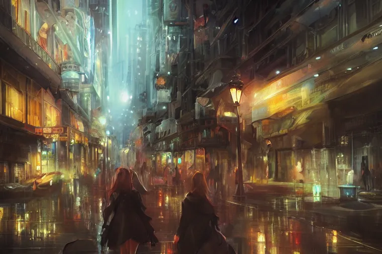 Image similar to a beautiful paiting of Night Life of downtown street by Ross Tran, dark ambient, beautiful, UHD, hyperrealism, Surreal and Fantasy Art, absurdist