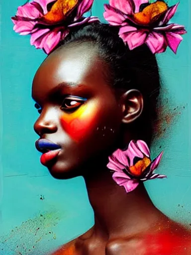 Prompt: double exposure, portrait of duckie thot with a floral background : : painted by artgerm, karol bak, artur bordalo, sandra chevrier : : portrait, character, illustration, hyperrealism, photorealism