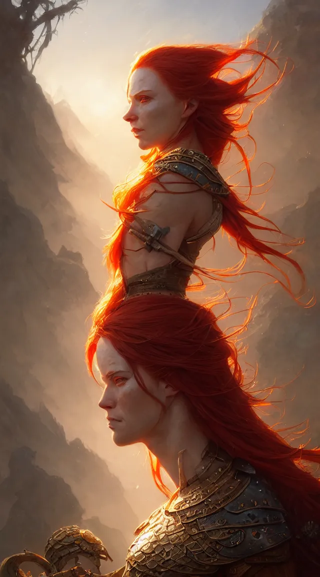 Image similar to highly detailed portrait of a warrior redhead woman, elden ring, stephen bliss, fantasy art by greg rutkowski, loish, rhads, ferdinand knab, makoto shinkai and lois van baarle, ilya kuvshinov, rossdraws, tom bagshaw, global illumination, radiant light, detailed and intricate environment