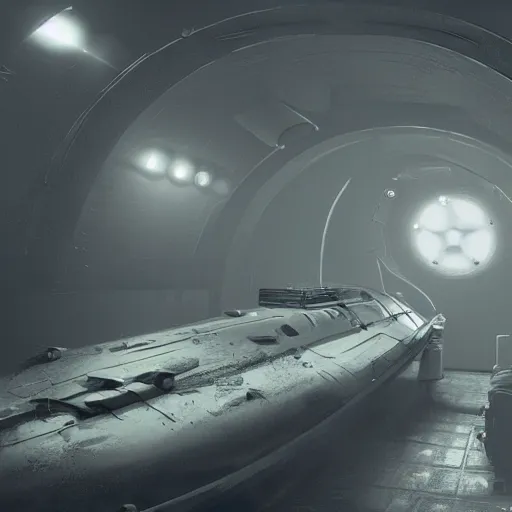 Image similar to Concept art, inside an narrow and dark room of an empty ussr submarine, messy, foggy, littles light shafts coming from bullet holes, 8k, cinematic, high details, neat