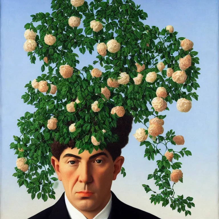 Image similar to portrait of a man, face hidden by beautiful flowers, by rene magritte, detailed painting, hd, hq, high resolution, high detail, 4 k, 8 k