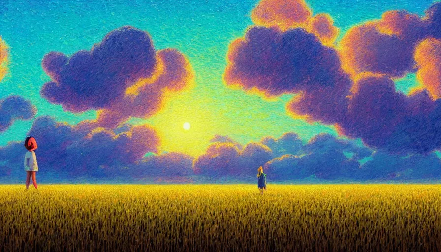 Image similar to daisy face, full body, girl watching sunset, empty wheat field, surreal photography, colorful clouds, tree, impressionist painting, colorful clouds, digital painting, pointillism, artstation, simon stalenhag