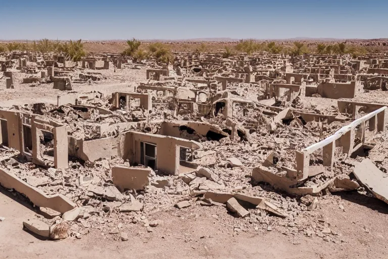 Prompt: ruins of an apartment complex in a desert, DSLR photography