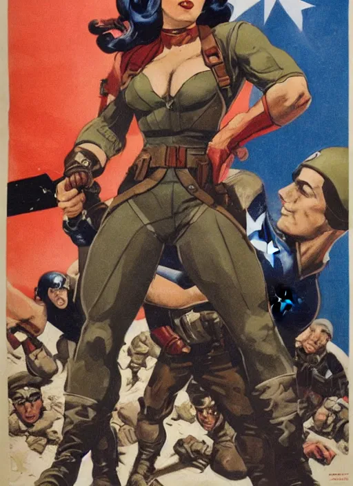 Image similar to beautiful female captain america standing on a pile of defeated, beaten and broken german soldiers. feminist captain america wins wwii. american wwii propaganda poster by james gurney. gorgeous face. overwatch. ralph bakshi