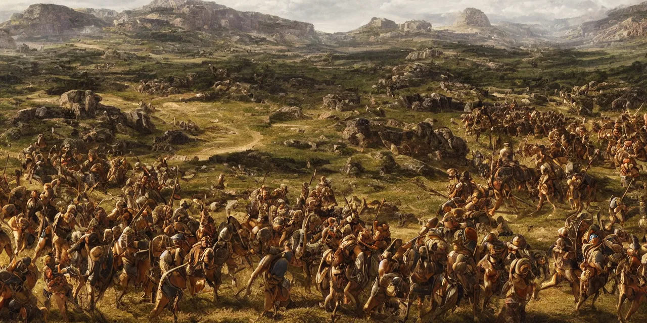 Prompt: Wide shot of epic Italian landscape near river Aufidus, distant battle of Cannae 216 BCE, with republic-era Roman soldiers in formations, Carthaginian phalanxes in formations, sharp focus, professional lighting, by Stéphane Bourez, László Szabados