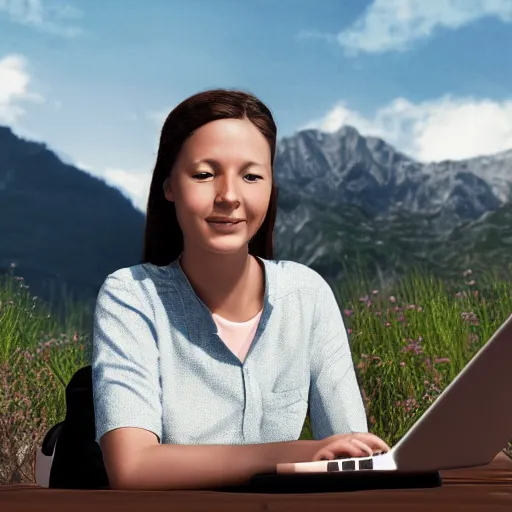 Prompt: female software developer sitting in front of a modern campus building and working on a laptop outside with mountains in the background in summer, alps, 4k, digital art, highly detailed, artstation, 8k, painting