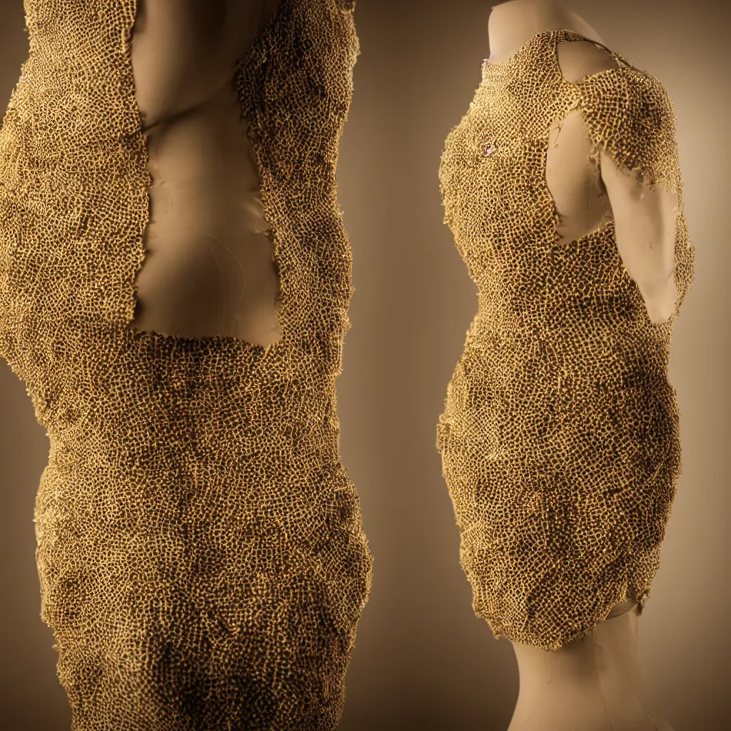 Image similar to a beautiful dress made of a real bee hive, on a mannequin. high resolution, studio lighting, closeup