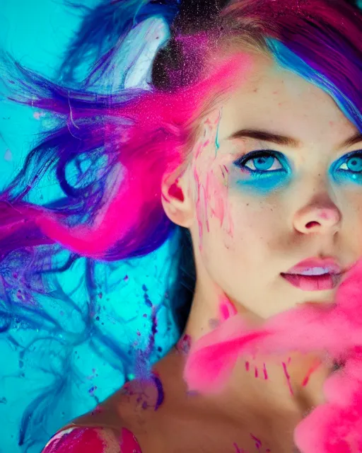Image similar to a dramatic backlight lighting photo of a beautiful young woman with cotton candy hair. paint splashes. with a little bit of cyan and pink
