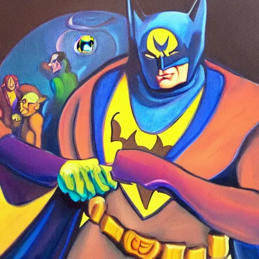 Prompt: batman achieves godhood and creates a new multiverse. vibrant, cosmos, secret knowledge. oil painting in the style of thomas hart benton.