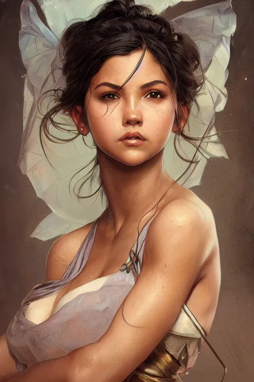 Image similar to portrait en buste of isabela moner, highly detailed, digital painting, artstation, concept art, sharp focus, illustration, art by artgerm and greg rutkowski and alphonse mucha