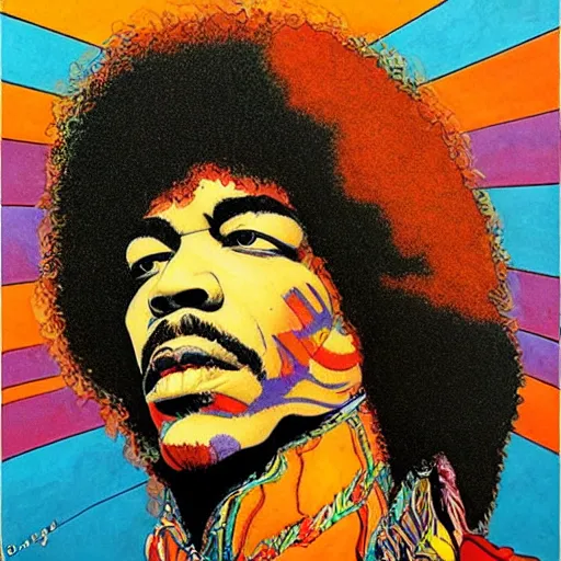 Prompt: colorfull artwork by Franklin Booth showing a portrait of Jimi Hendrix