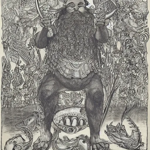 Image similar to lines by louis wain. a experimental art of a mythological scene. large, bearded man seated on a throne, surrounded by sea creatures. he has a trident in one hand & a shield in the other. behind him is a large fish. in front of him are two smaller creatures.