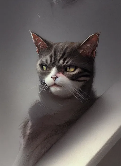 Image similar to a cat thinking about what he had done, everything slowly falling, elegant, highly detailed, digital illustration, trending in artstation, trending in pinterest, glamor photo, concept art, smooth, sharp focus, art by artgerm and greg rutkowski