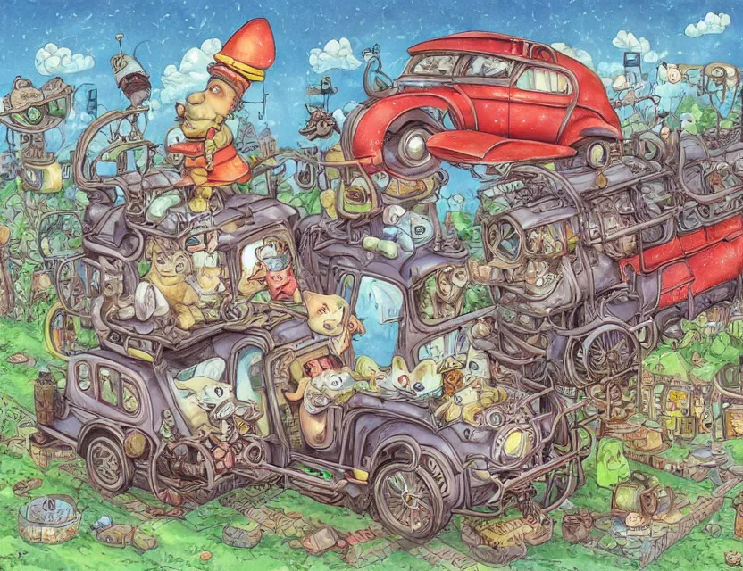 Image similar to cute and funny, a garden gnome driving a steampunk bus, a cat is on the roof holding on for dear life, ratfink style by ed roth, centered award winning watercolor pen illustration, isometric illustration by chihiro iwasaki, edited by range murata, tiny details by artgerm and watercolor girl, symmetrically isometrically centered, sharply focused