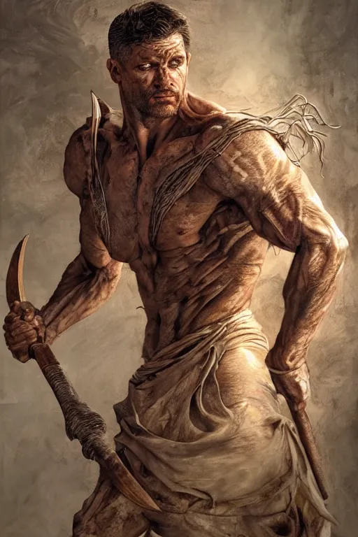 Prompt: hyperrealistic mixed media painting of Cain, a spear in his hand, masculine and handsome, stunning 3d render inspired art by P. Craig Russell and Barry Windsor-Smith + perfect facial symmetry + dim volumetric lighting, 8k octane beautifully detailed render, post-processing, extremely hyperdetailed, intricate, epic composition, grim yet sparkling atmosphere, cinematic lighting + masterpiece, trending on artstation, very very detailed, masterpiece, stunning