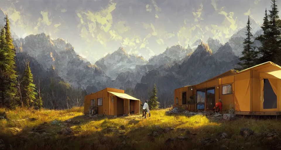 Image similar to cabela's beautiful comfortable community of modular insulated wall container home kit - house all weather family dwelling tent house, person in foreground, mountainous forested wilderness open fields, beautiful views, painterly concept art, environmental concept art, concept art illustration, by james gurney, by craig mullins, by greg rutkowski trending on artstation