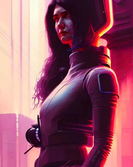 Image similar to cyberpunk synth, hyper - realistic portrait of a female hunter, dynamic wavy hair, symmetrical body, detailed designs, digital painting, 4 k, by ilya kuvshinov, by greg rutkowski, atmospheric lighting