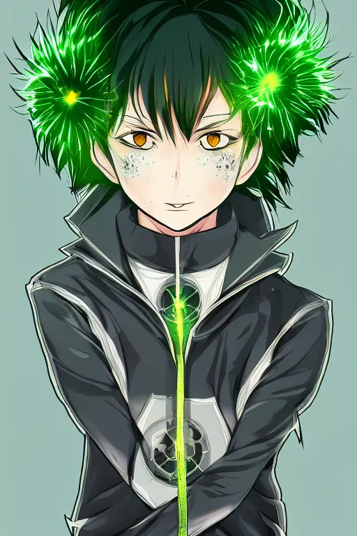 Image similar to nuclear bomb dandelion male anime character, symmetrical, highly detailed, digital art, sharp focus, trending on art station, green eyes, glowing radioactive colours