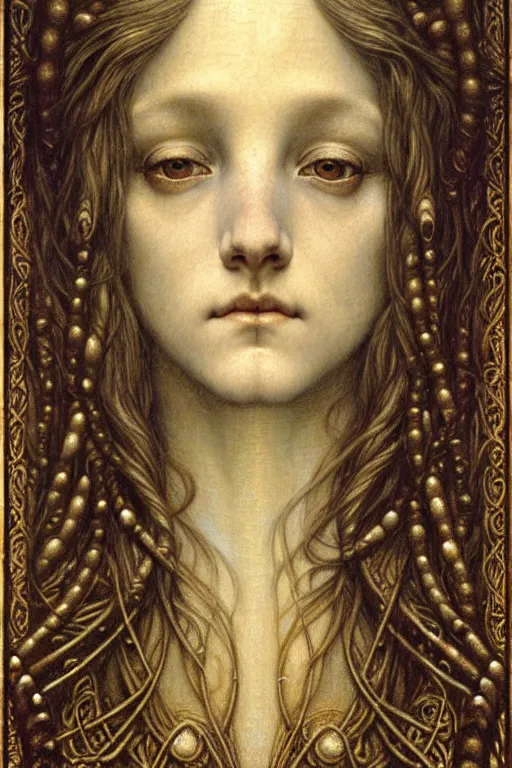 Image similar to detailed realistic beautiful young medieval queen face portrait by jean delville, gustave dore and marco mazzoni, art nouveau, symbolist, visionary, gothic, pre - raphaelite. horizontal symmetry