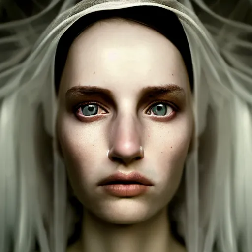 Image similar to portrait of a beautiful ghostly haunting female, depth of field, zeiss lens, detailed, symmetrical, centered, fashion photoshoot, by annie leibovitz and steve mccurry, david lazar, jimmy nelsson, breathtaking, 8 k resolution, extremely detailed, beautiful, establishing shot, artistic, hyperrealistic, beautiful face, octane render