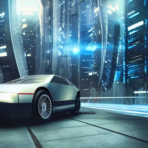 Prompt: a futuristic cyber city sharp photorealistic octane render, bokeh in the background only, a futuristic curvy delorean hover in the foreground, deep perspective