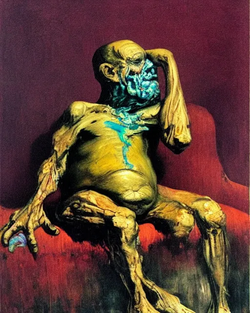 Prompt: thick expressionist acrylic painting of an old dead figure sitting on a couch ,  Beksinski painting, part by Francisco Goya and Gerhard Rich⁷⁷ter. art by James Jean, Francis Bacon masterpiece