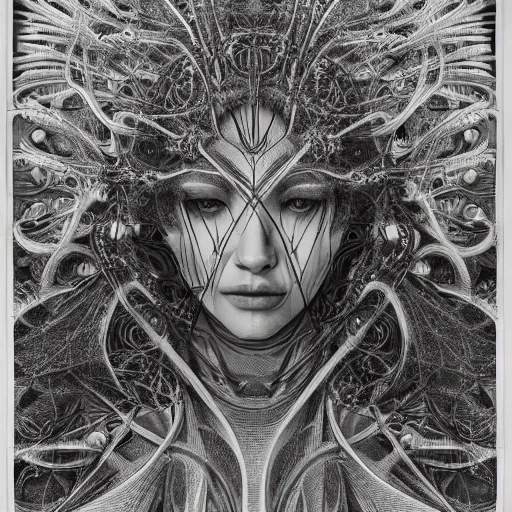 Image similar to hyper detailed bw linear pencil drawing, woman portrait, cyberpunk, organic symmetric shapes by ernst haeckel